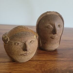 Rustic Brown Pottery Sculpted Head Art Pieces Salt and Pepper Monk and Nun READ
